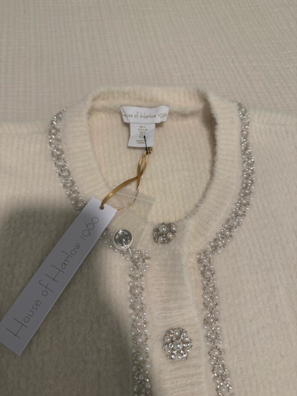 House of Harlow 1960 Cream Embellished Pearl & Crystal Cardigan